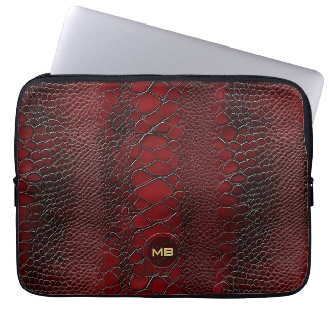 Rotes Snakeskin Leder drucken Embosses Monogramm Laptopschutzhülle (Vorderseite)