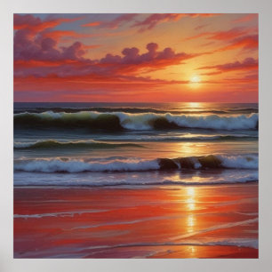 Rotes Sonnenuntergangs-Ozean-Landschaftsgemälde Ku Poster