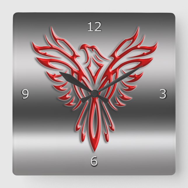 Rotes stilisiertes Phoenix, das auf Quadratische Wanduhr (Vorderseite)