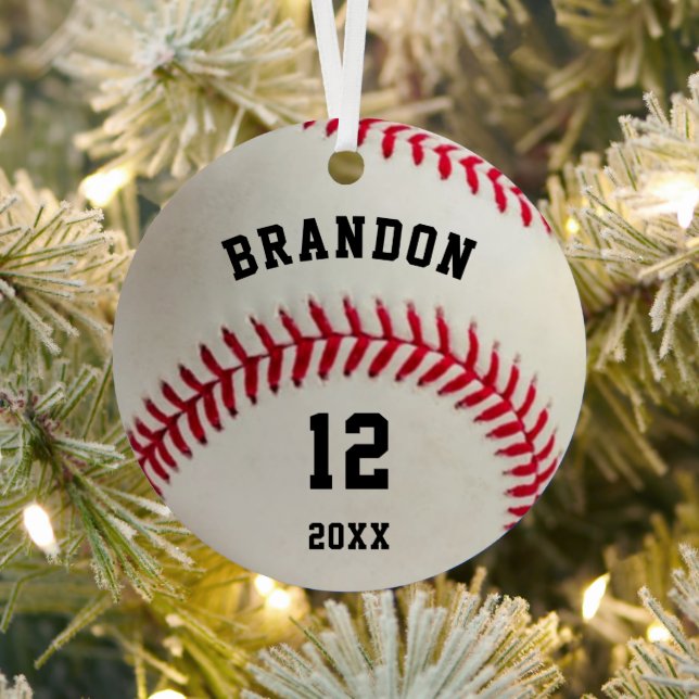 Rotes Stitching im Baseball-Foto Personalisiert Ornament Aus Metall (InSitu)