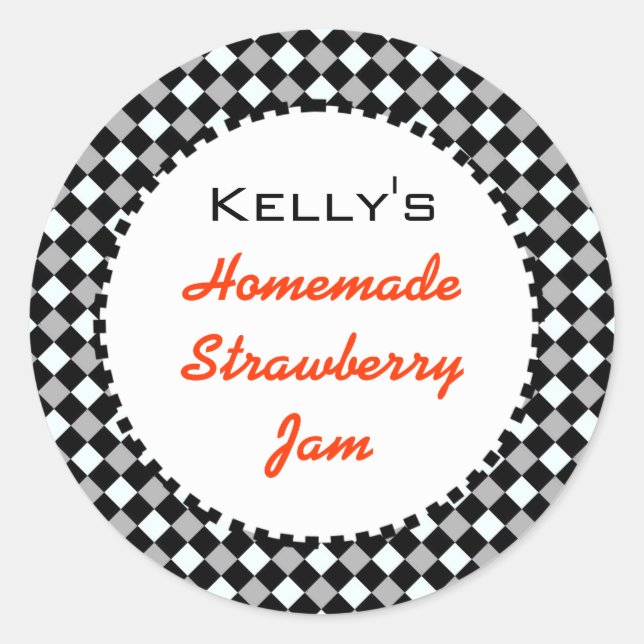 Rotes Streichetikett aus schwarzem Karo Runder Aufkleber (Vorderseite)