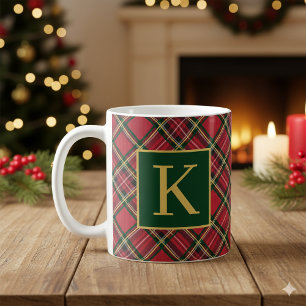 Rotes Tartan-Karo Gold-Monogramm Kaffeetasse