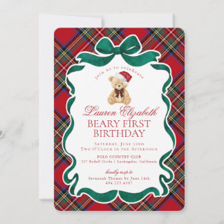Rotes Tartan-Karo-Weihnachts-Beary-Erster-Geburtst Einladung