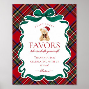 Rotes Tartan-Karo-Weihnachtsbär-Partygeschenk-Schi Poster