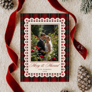 Rotes Tartan-Spitzenstichrahmen-Foto 'Merry Marrie Feiertagskarte