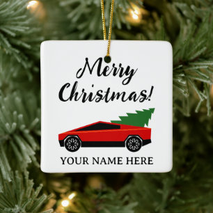 Rotes Tesla-Pickup mit Weihnachtsbaum im Retro-Sti Keramikornament
