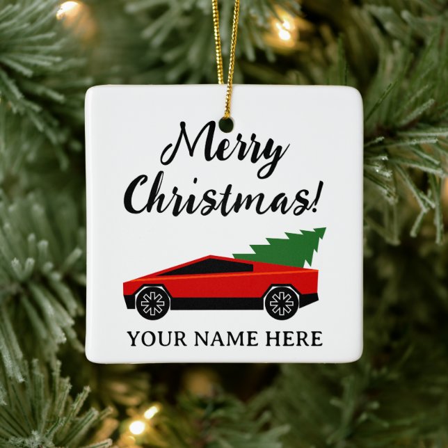 Rotes Tesla-Pickup mit Weihnachtsbaum im Retro-Sti Keramikornament (Baum)