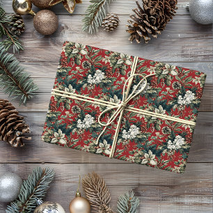 Rotes traditionelles Weihnachts-Blumen- und Kiefer Geschenkpapier
