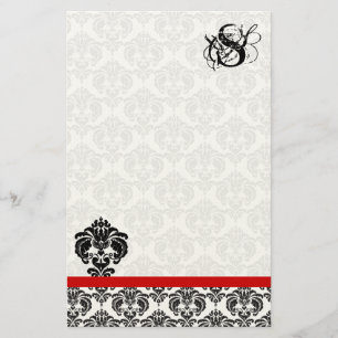 Rotes Trimm Schwarzer Damask Monogramm Briefpapier