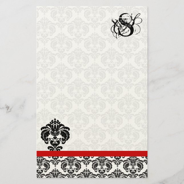 Rotes Trimm Schwarzer Damask Monogramm Briefpapier (Vorderseite)