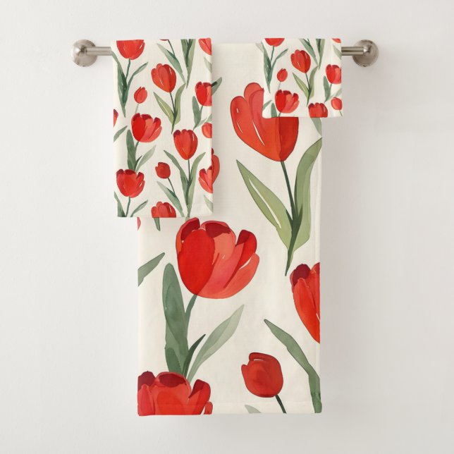 Rotes Tulpenmuster Badhandtuch Set (Insitu)