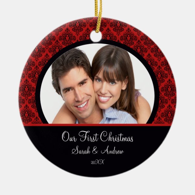 Rotes u. schwarzes Damast-Foto-erste Keramik Ornament (Vorne)