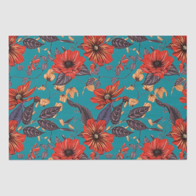 Rotes und Aquamarines Blumenmuster Seidenpapier (Vorderseite)