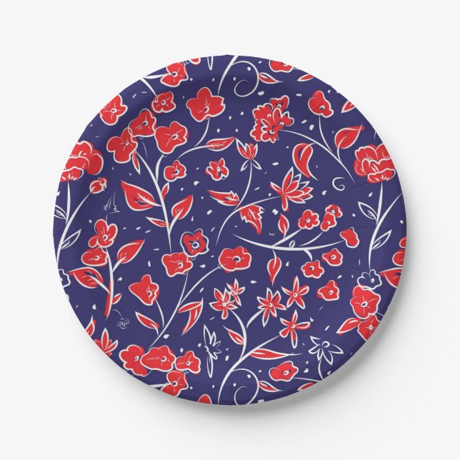 Rotes und blaues Blumenmuster Pappteller (Vorderseite)