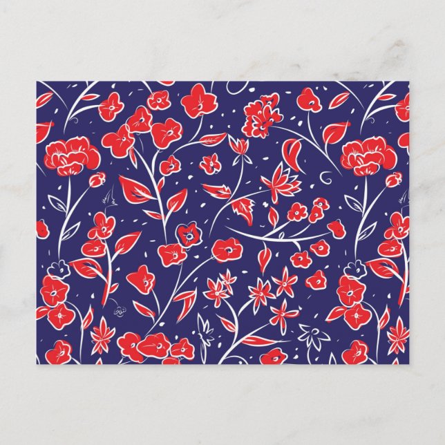 Rotes und blaues Blumenmuster Postkarte (Vorderseite)
