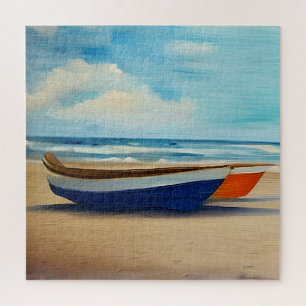 Rotes und blaues Boot an einem sandigen Strand Puzzle