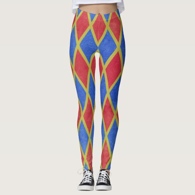 Rotes und blaues geometrisches Rautenmuster Leggings (Vorderseite)