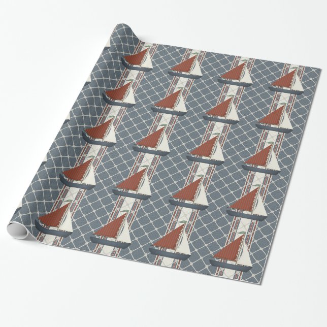 Rotes und blaues Segelboot-Geschenkpapier Geschenkpapier (Ungerollt)