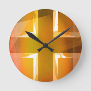 Rotes und gelbes religiöses Kreuz Runde Wanduhr