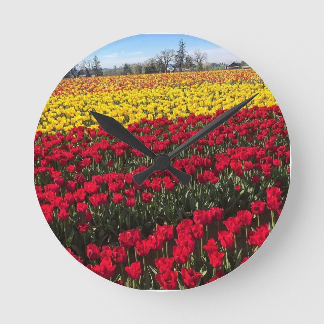 Rotes und gelbes Tulip-Feld Runde Wanduhr (Vorderseite)
