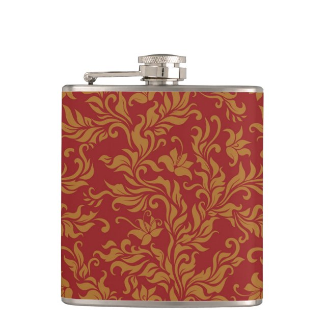 Rotes und goldenes Blumenmuster Flachmann (Vorderseite)