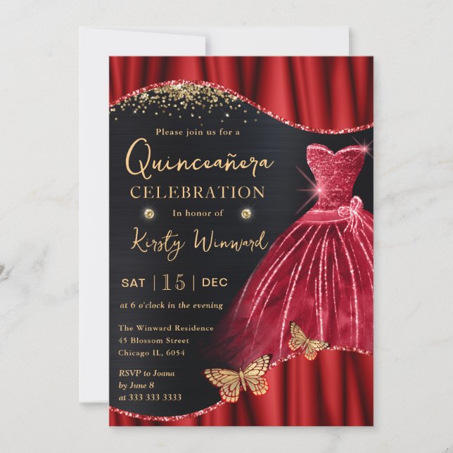 Rotes und goldenes Glitzer Kleid Quinceanera Einladung (Vorderseite)