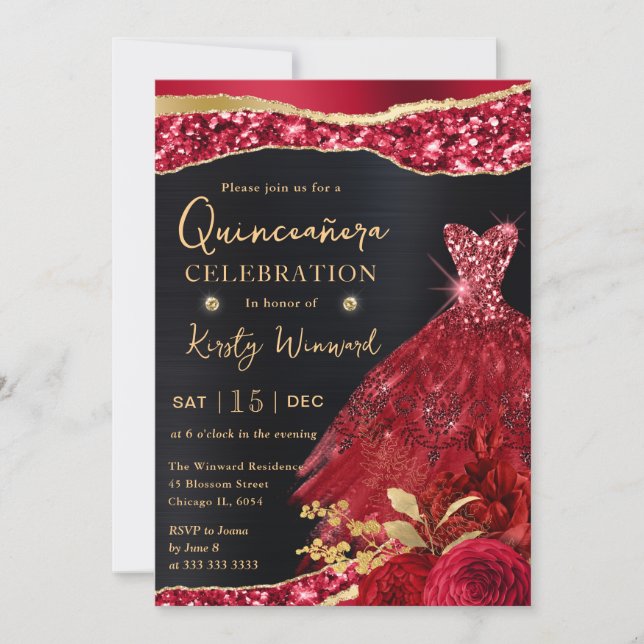 Rotes und goldenes Glitzer Kleid Quinceanera Einladung (Vorderseite)