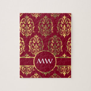 Rotes und goldenes Monogramm-Damastmuster Puzzle