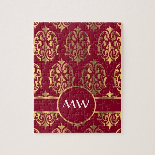Rotes und goldenes Monogramm-Damastmuster Puzzle (Vertikal)