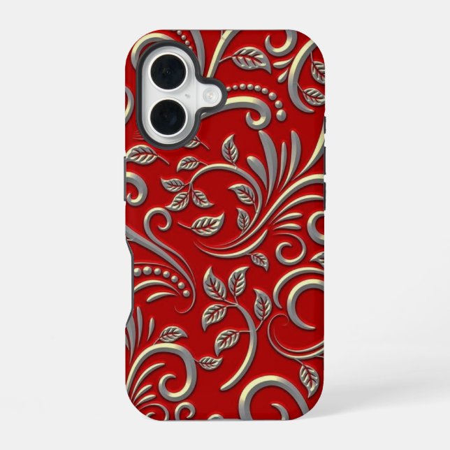 Rotes und goldenes Muster iPhone 16 Hülle (Rückseite)