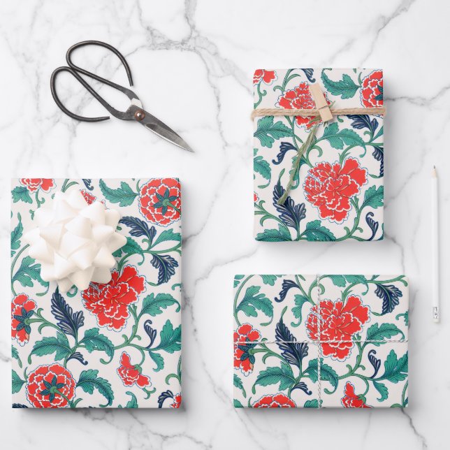 Rotes und grünes Blumenmuster Geschenkpapier Set (Vorderseite)