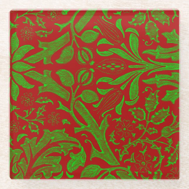 Rotes und grünes Blumenmuster Glasuntersetzer (Vorderseite)