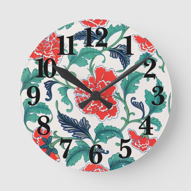 Rotes und grünes Blumenmuster Runde Wanduhr (Vorderseite)