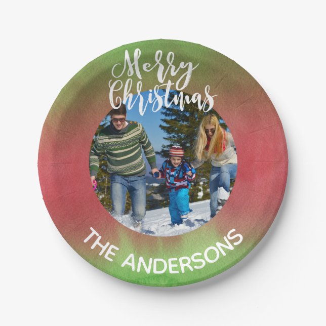 Rotes und grünes Foto Frohe Weihnachten Party Pappteller (Vorderseite)