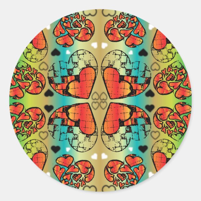 Rotes und grünes, weißes, romantisches Herzmuster Runder Aufkleber (Vorderseite)