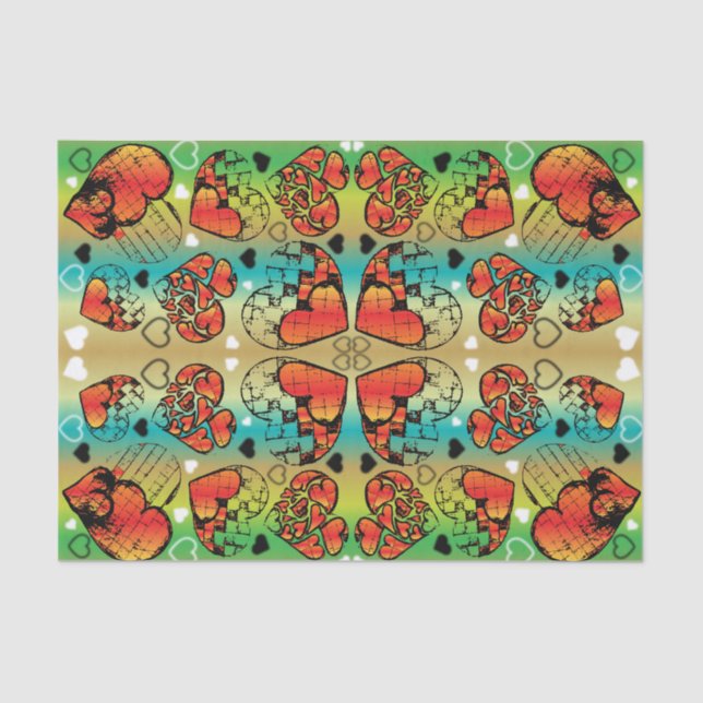 Rotes und grünes, weißes, romantisches Herzmuster Seidenpapier (Vorderseite)