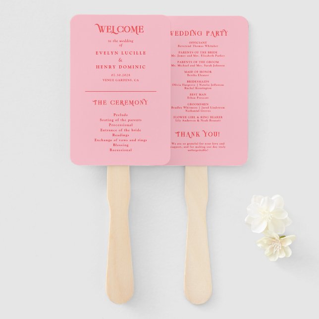 Rotes und rosa Retro-Hochzeitsprogramm Fächer (Vorne und Hinten)