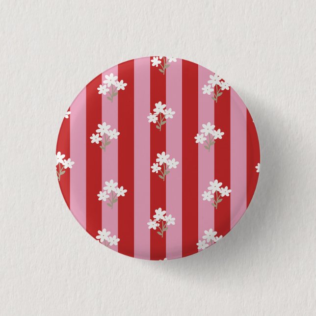 rotes und rosa Streifendesign mit weißen Blumen Button (Vorderseite)