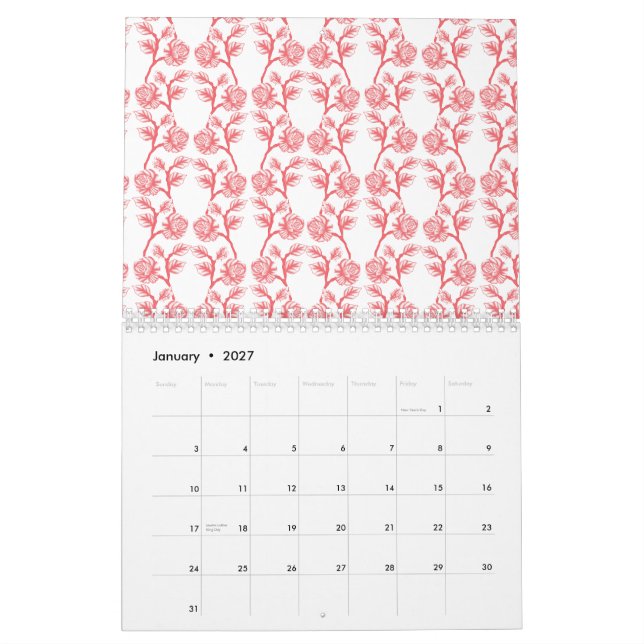 Rotes und rosafarbenes Packpapier mit wiederholend Kalender (Jan 2027)