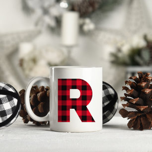 Rotes und schwarzes Büffel-Karo-Bold-Letter-R-Mono Kaffeetasse