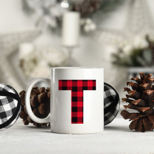 Rotes und schwarzes Büffel-Karo-Bold-Letter-T-Mono Kaffeetasse