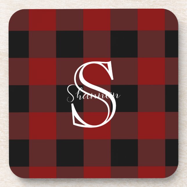 Rotes und schwarzes Büffel-Karo-Monogramm Getränkeuntersetzer (Vorderseite)