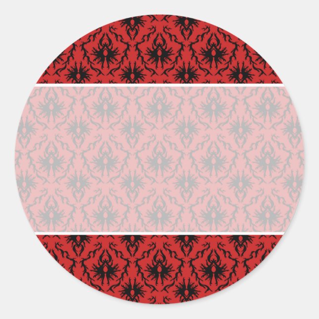 Rotes und schwarzes Damasdesign. Runder Aufkleber (Vorderseite)