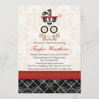 ROTES UND SCHWARZES DAMASK BABY CARRIAGE BABY SHOW EINLADUNG