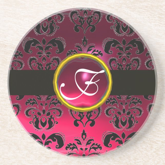 ROTES UND SCHWARZES DAMASK-PINK-RUBY-Monogramm Getränkeuntersetzer (Vorne)