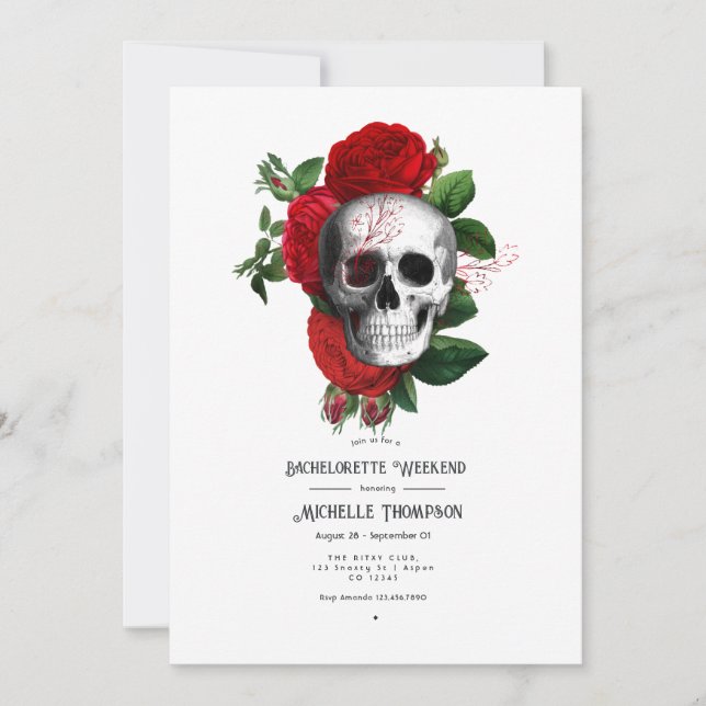 Rotes und schwarzes florales Gothic-Junggesellinne Einladung (Vorderseite)