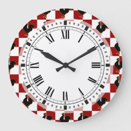 Rotes und schwarzes Hahn-Huhn-Muster Große Wanduhr