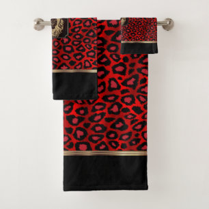 Rotes und schwarzes Leopardenmuster mit Löwenkopf Badhandtuch Set