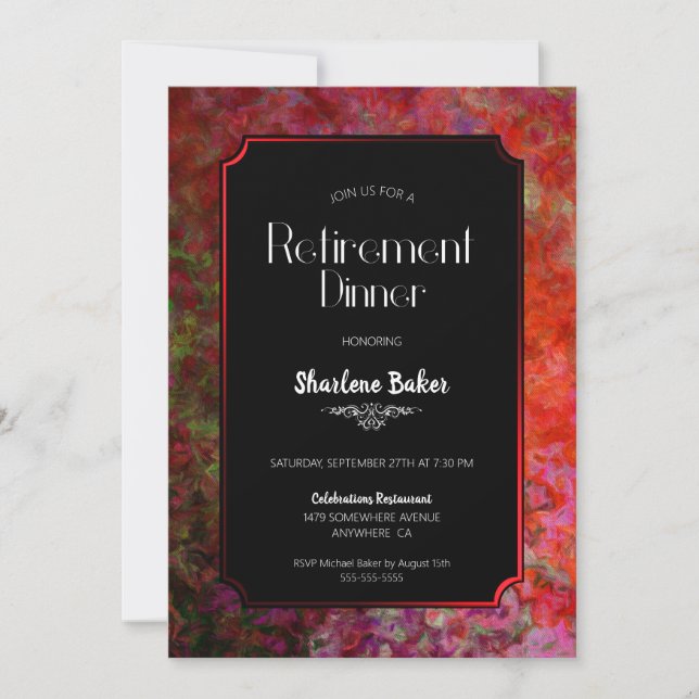 Rotes und schwarzes Party für die Altersversorgung Einladung (Vorderseite)