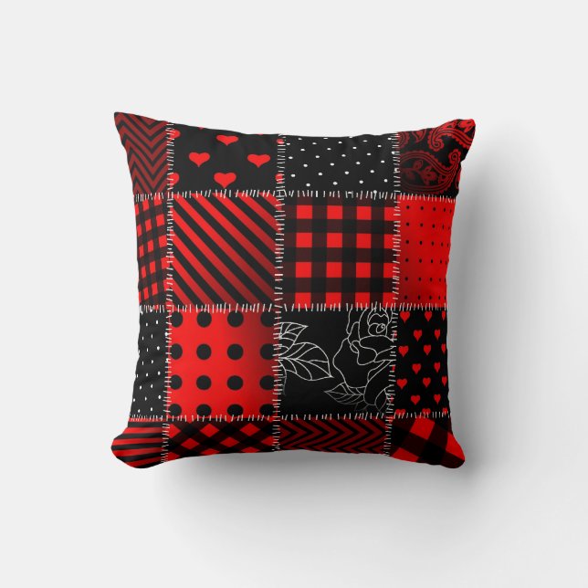 Rotes und schwarzes Patchwork-dekoratives Kissen (Vorderseite)